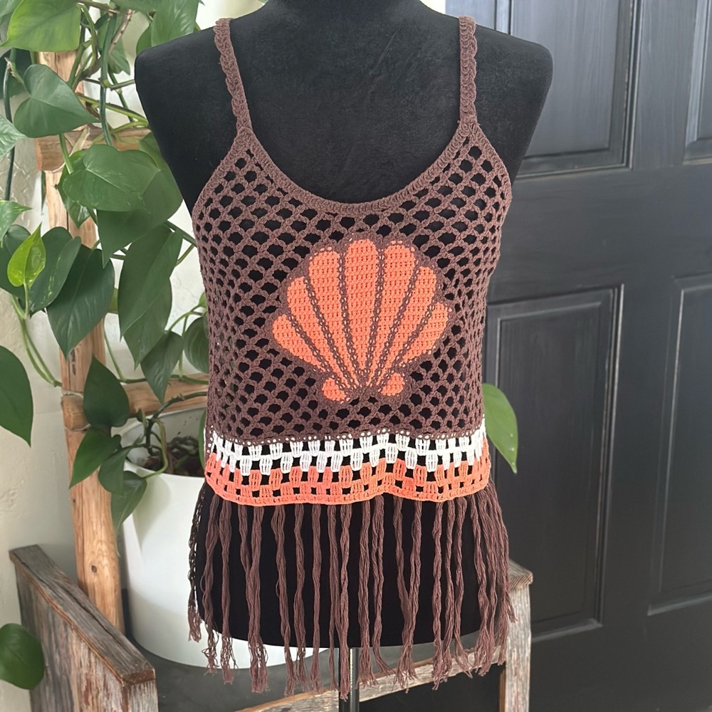 Crochet Shell Fringe Swim Cover Up Festival Tank Top Open Knit Brown Orange Sz L